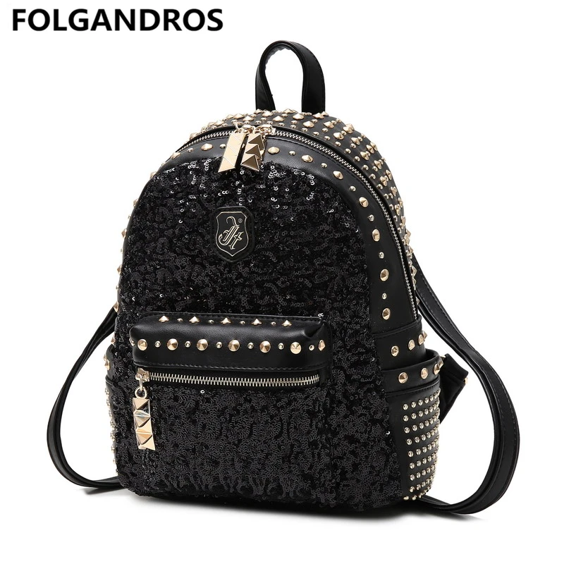 

Fashion Casual Women Rivet Backpack Waterproof Backpacks for Teenager Girl School Black Bag with Zippers Daypack Mochilas Bolsa