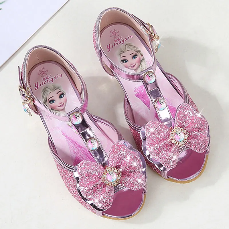 Children girls sandals,Frozen shoes for girls,Dancing and party shoe bow rhinestone bow else shoes EUR size 24-36 - Цвет: pink