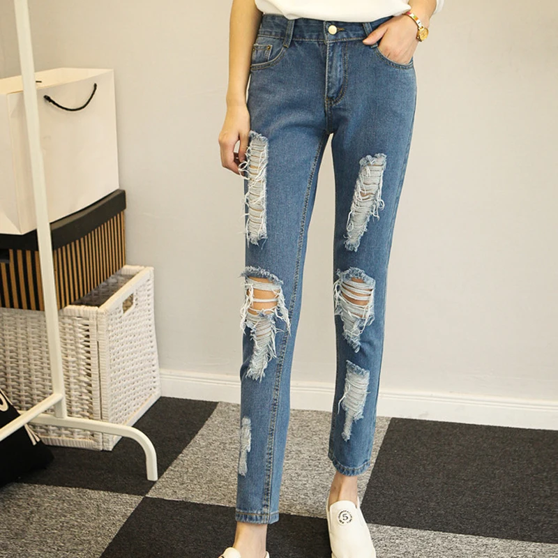 Destroyed Hole Ripped Jeans High Waisted Push Up Jeans Woman Boyfriend ...