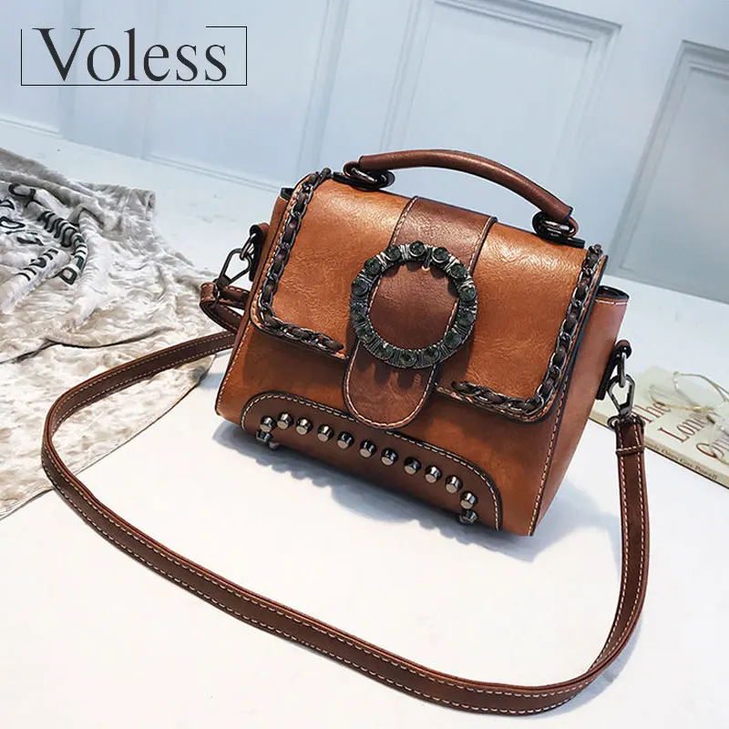 

VOLESS Vintage PU Leather Women Messenger Bags Rivet Women Handbags Metal Lock Crossbody Bags For Women Patchwork Women Handbags