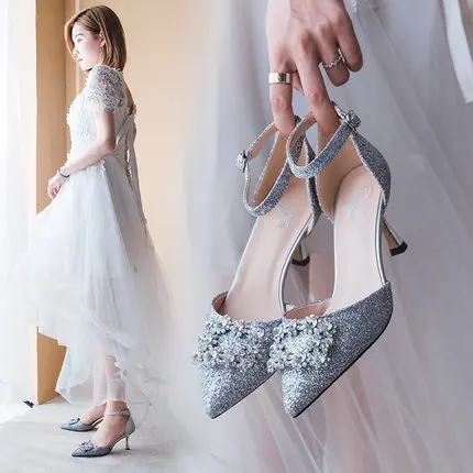 

One word buckle with wedding shoes female 2018 new square buckle crystal wedding shoes high-heeled sequins princess strap bride