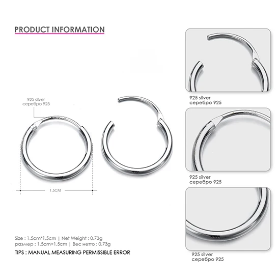 EManco круглые серьги-кольца для женщин классические большие 925 пробы серебряные серьги розовый стиль ювелирные украшения женские горячие подарки - Окраска металла: EMER026-1 Silver 1.5