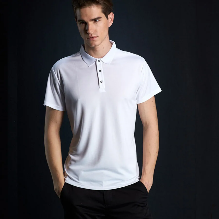 Полиэфирные мужские рубашки поло с коротким рукавом, приталенное поло, мужские повседневные одноцветные рубашки, брендовые, на заказ, серые, белые, Camisa Masculina - Цвет: Белый