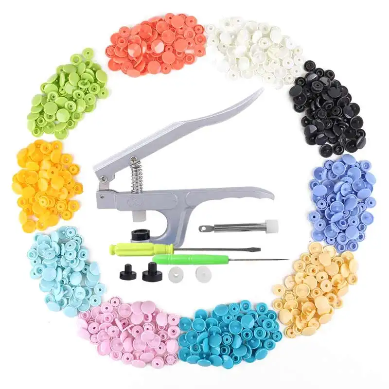 

Newly Hand Press Plier + 150pcs 1.2cm Plastic 15 Colors Snap Fastener 4-Part Buttons Set TE889