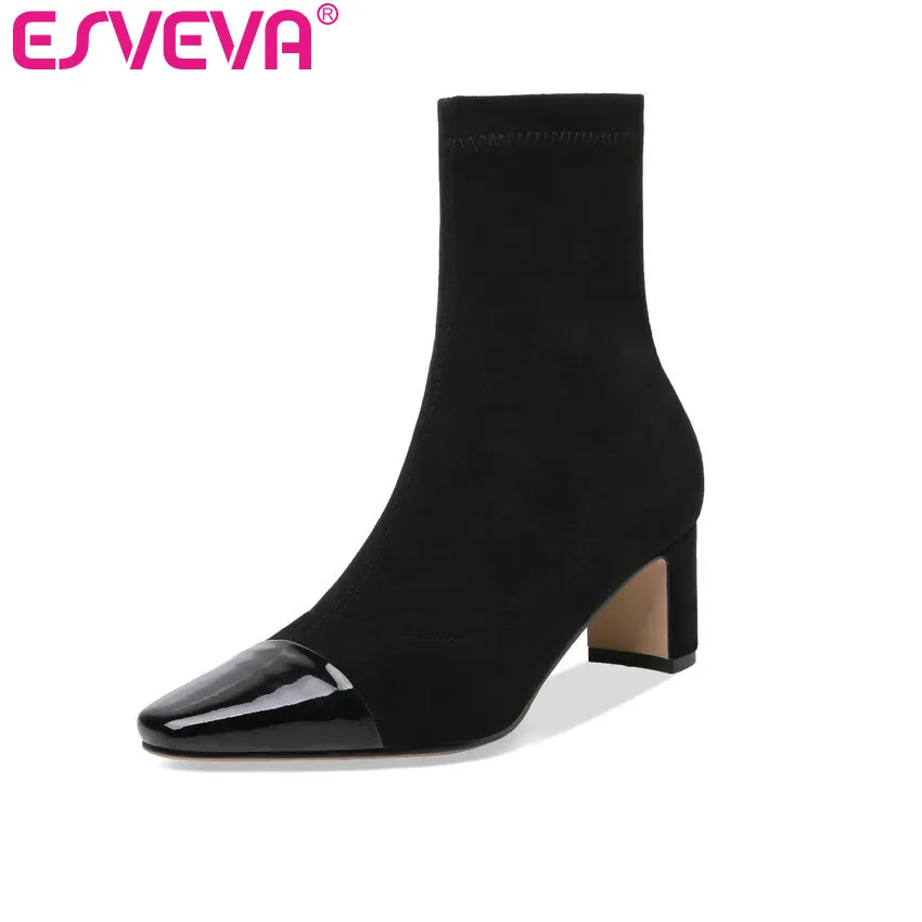 

ESVEVA 2020 Square Heel Women Shoes Winter Leather+PU Ankle Boots Flock Motorcycle Concise Pointed Toe Short Boots Size 34-39