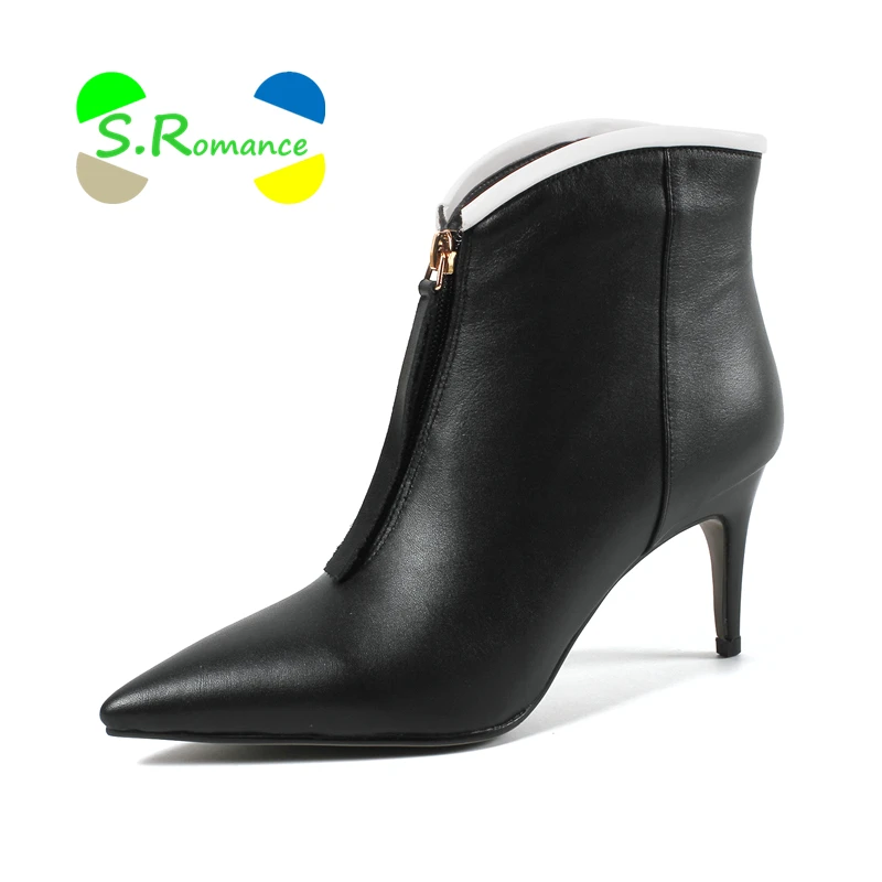 S.Romance Women Ankle Boots Woman Shoes Cow Genuine Leather High Thin