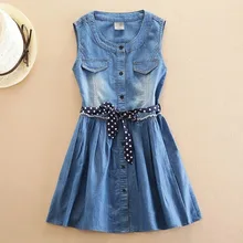 Girls Dress Summer 2018 New Children's Vest Dresses Belt Sleeveless Cotton Blue Jeans Dress 5 6 7 8 9 10 11 12 13 14 Years Old eaboutique 2018 new street fashion rock star kids summer big holes jeans for girls jeans 2 6 years old