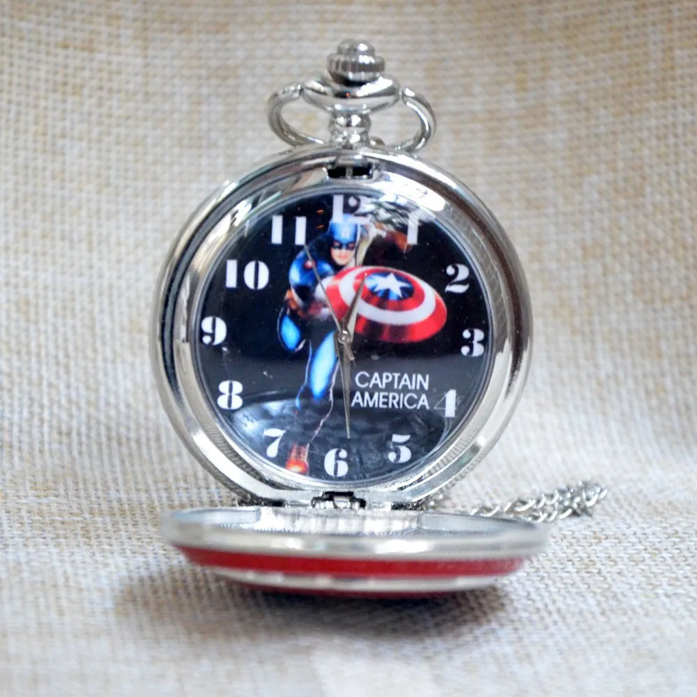 Быстрая серебряный сплав оболочки Капитан Америка кварцевые карманные часы ожерелье унисекс Карманные часы на цепочке подарок Regarder P236