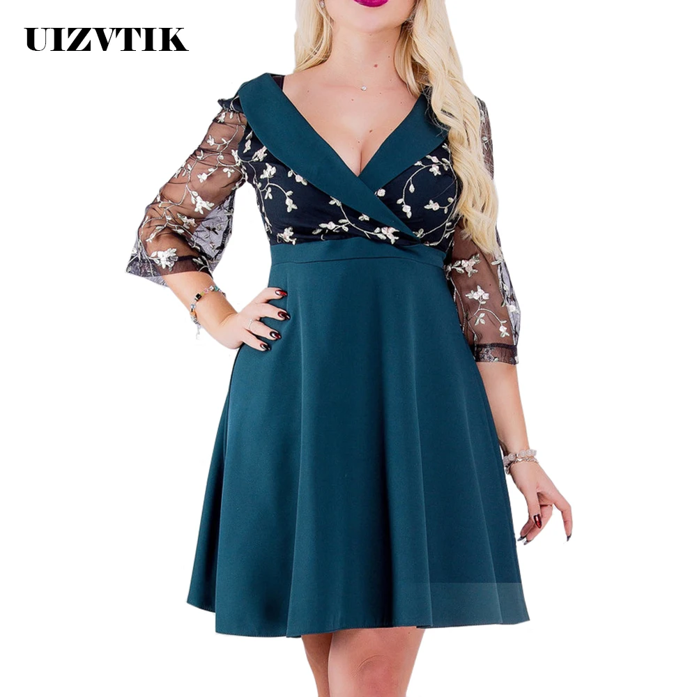

Embroidery Summer Autumn Dress Women 2019 Casual Plus Size A Line Dresses Elegant Sexy V Neck Hollow Out Lace Party Dress 5XL