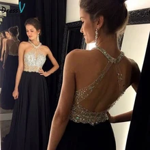 Sexy Black Long Prom Dresses 2016 A-Line Halter Backless Rhinestones Beads Floor Length Women Formal Party Gowns