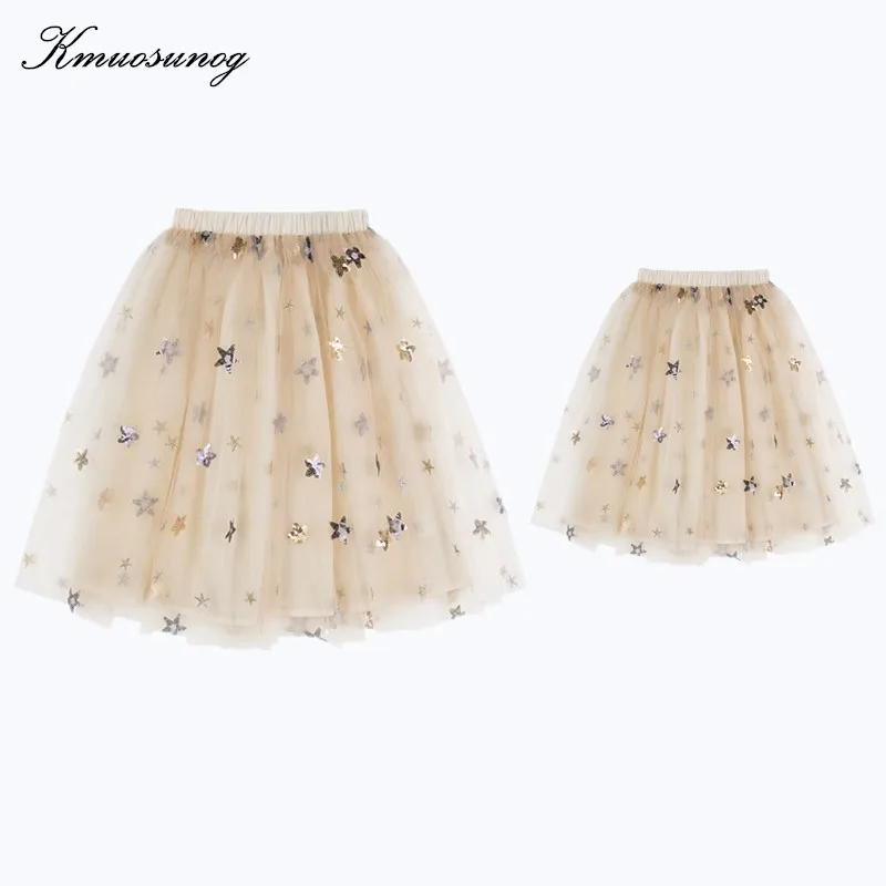 

Family Matching Outfits New Spring Summer Sequined Tutu Skirt Elegant Women Girls Chiffon Tulle Skirts Mom and Me Look B0313