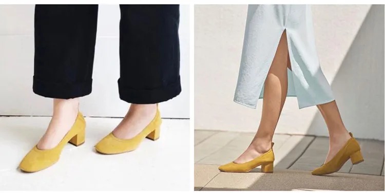 Стильные женские туфли из нубука на среднем каблуке; Цвет черный, желтый; весенние туфли на каблуке; большие размеры 40, 41; женские туфли-лодочки на каблуке; obuv