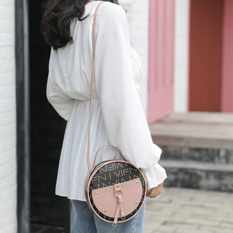 

Vintage Scrub Leather Round Designer Crossbody Bag For Women 2019 PU Leather Shoulder Bags Ladies Small Handbags Mini Tote Bag