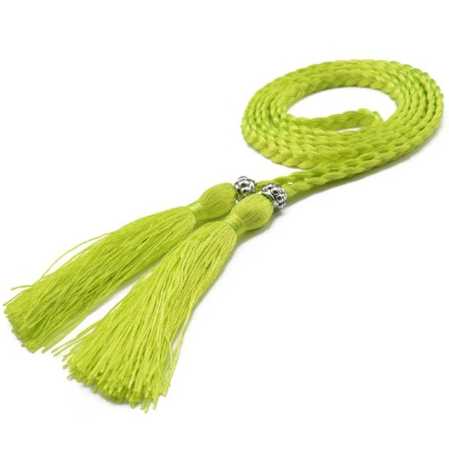 Women Waist Belt Rope Chinese Style Braided Woven Tassel Thin Belt Female Knot Decorated Waistband Hot Casual Solid Black Belts Fluorescent Green