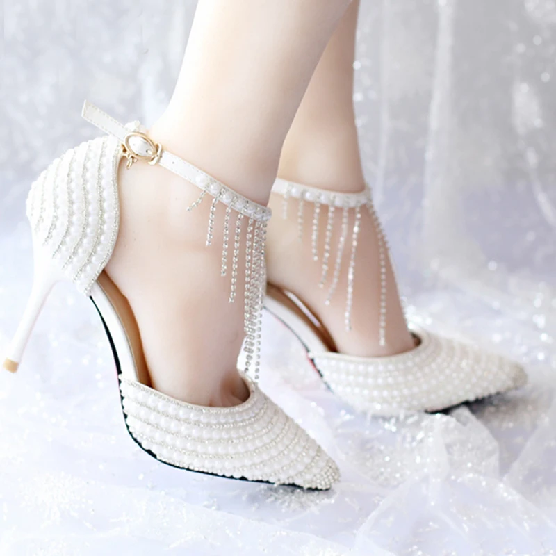 Г., летние белые свадебные туфли с жемчугом вечерние туфли с кисточками, ремешком на лодыжке, со стразами Свадебные модельные туфли с острым носком Выпускной насос