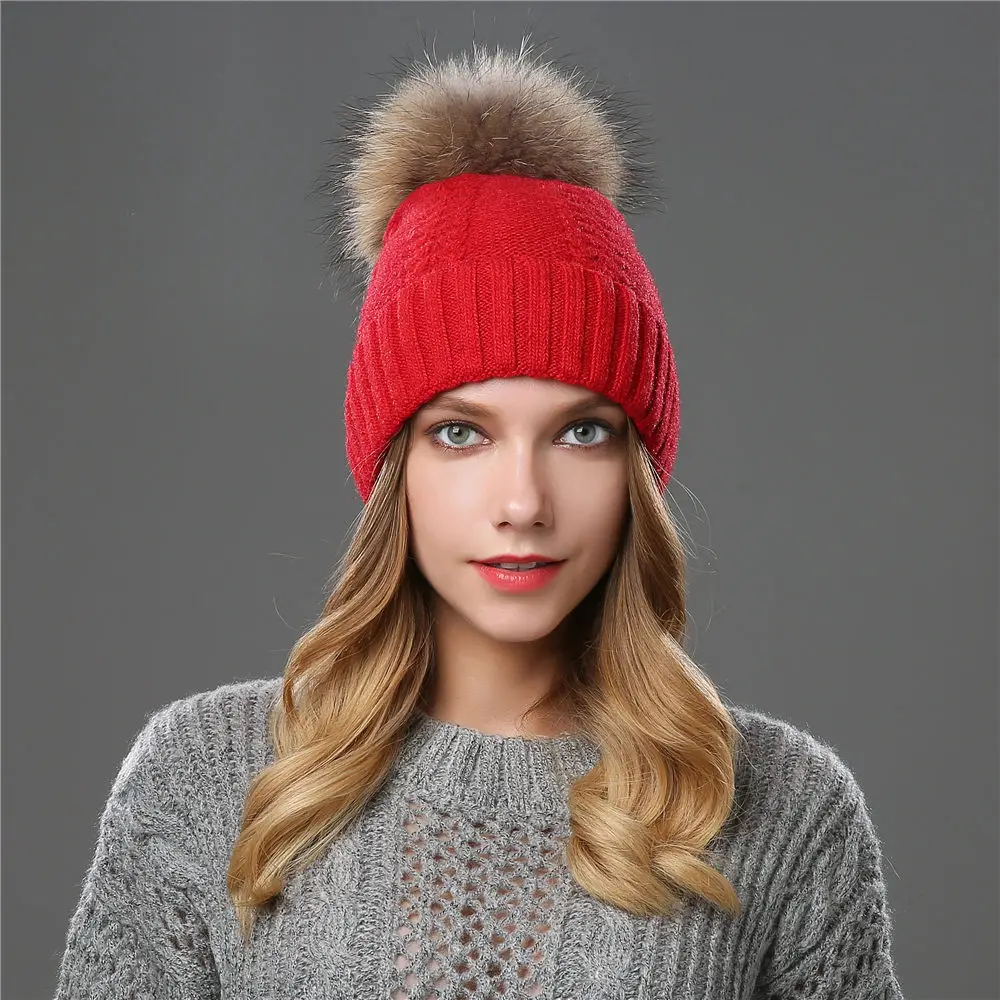 Beanie Women Winter Hat Warm Wool Knit Cap Raccoon Pom Pom Headwear Soft Autumn Casual Outdoor Ski Skullies Snow Accessory (15)