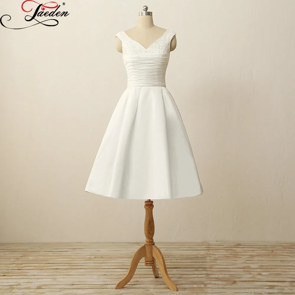 JAEDEN White Ivory Knee Length font b Wedding b font Dresses Pleat Satin Appliques Back Zipper