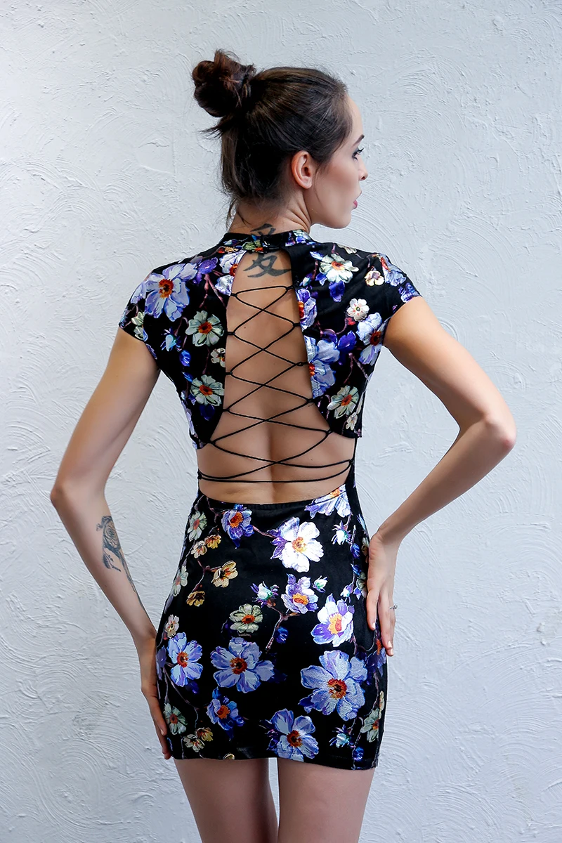 Back Tie Up Print Short Sleeve Mini Bodycon Dress