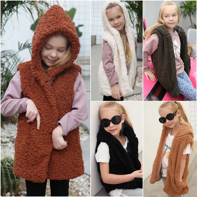 LANSHIFEI/меховой жилет для девочек верхняя одежда, зимний жилет для девочек, элегантные теплые детские куртки с капюшоном, весеннее пальто с