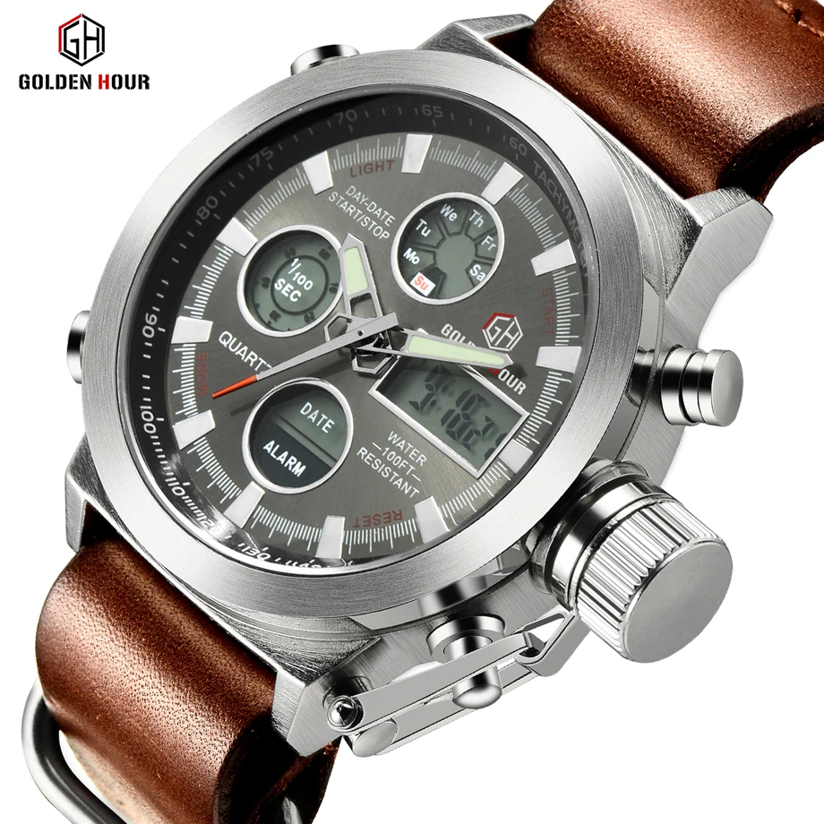 

GOLDENHOUR Men Watch Men's Quartz Calendar Hour Analog Digital LED Sports Waterproof Military Leather Straps Pin Buckle Watches