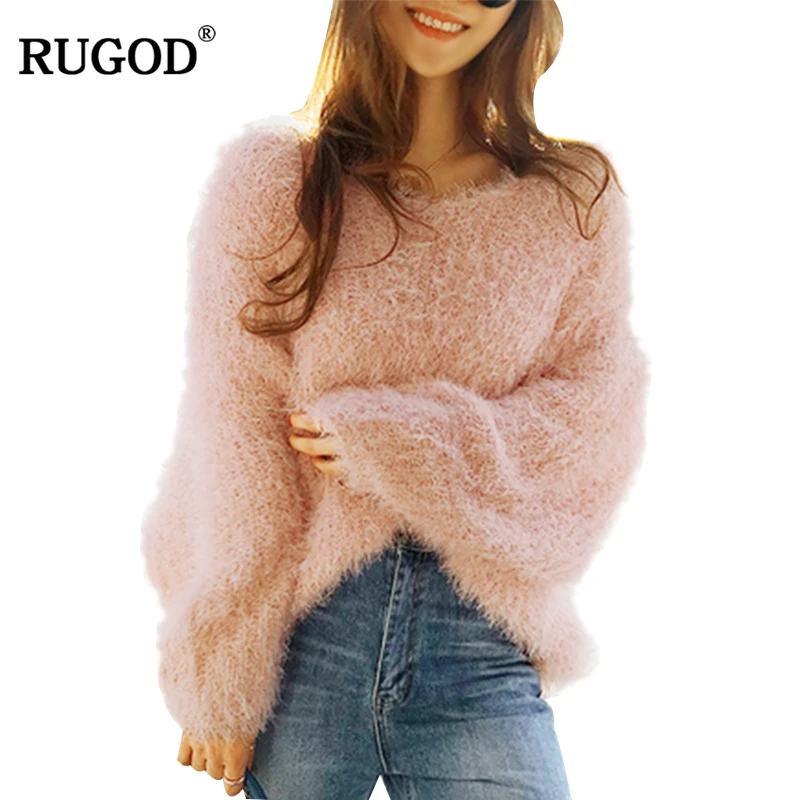 

RUGOD 2019 Autumn Winter Loose Sweater Fashion V-Neck Lantern Sleeve Soft Plush Pullover Ladies befree Sweater Women harajuku