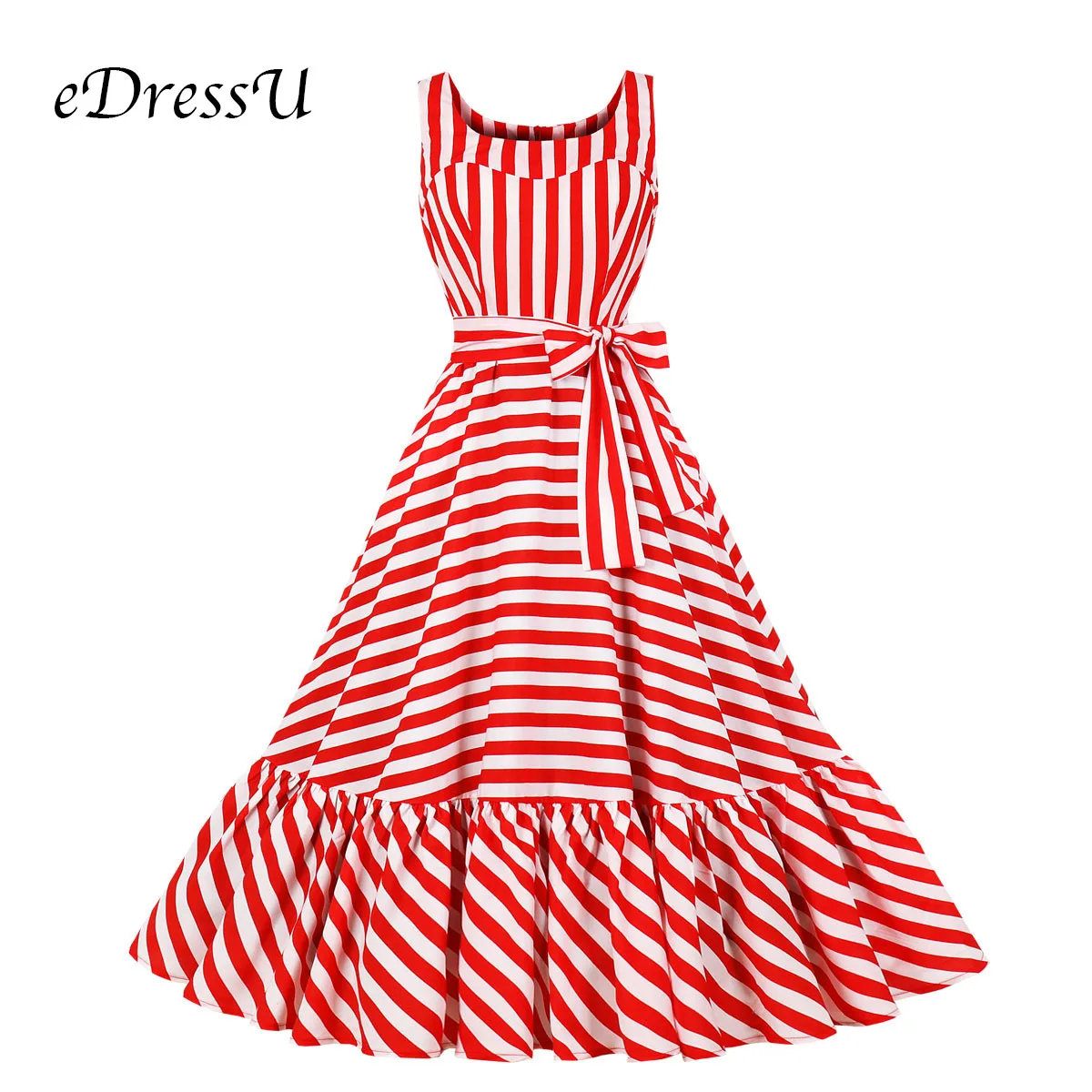 Летнее платье в красную полоску, винтажное платье миди, Vestido Robe, женское платье макси, одежда для отдыха, офиса, на каждый день, eDressU MXN-1833