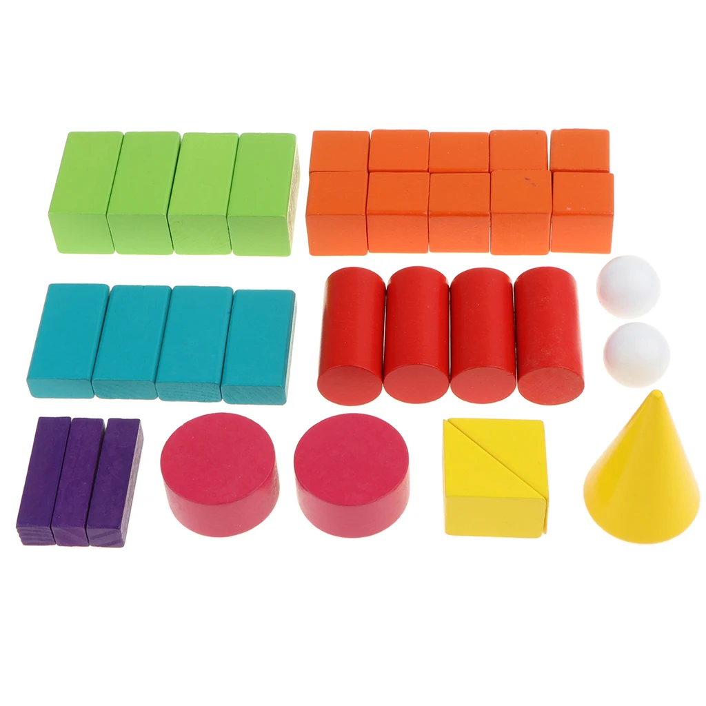 Pack of 32 Wooden Geometric Solids 3D Geometry Block Mathematics Educational Toys Student Math Manipulatives