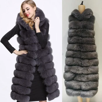 

4XL Winter Thick Warm Fur Vest with Hat Women Faux Fox Furry Long Vests Fashion Luxury Coat Fur Jacket Gilet Female Outerwear