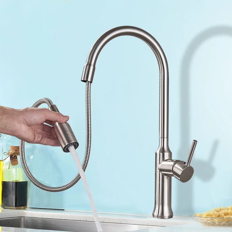 

Brushed Nickel Kitchen Faucet Single Handle Bathroom Faucet Hot and Cold Water Pull Out Rotating Spout Deck Mounted