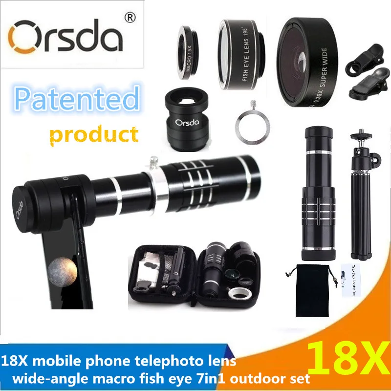 

Orsda 7 in1 18x Zoom Optical Telescope Telephoto Lens With 0.36x Wide Angle 15x Macro 198 Degree Fisheye Kit Phone Camera Lenses