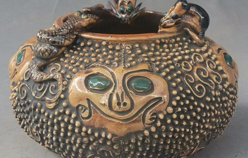 

9" China FengShui Porcelain Auspicious Wealth Mouse Snake Toad Earthen jar Pot