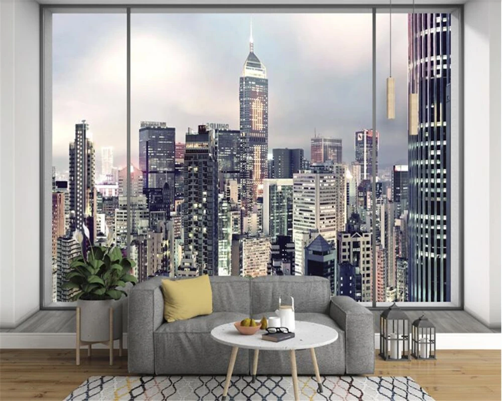 

beibehang Classic decorative painting wall paper European modern minimalist window outside the city landscape mural 3d wallpaper