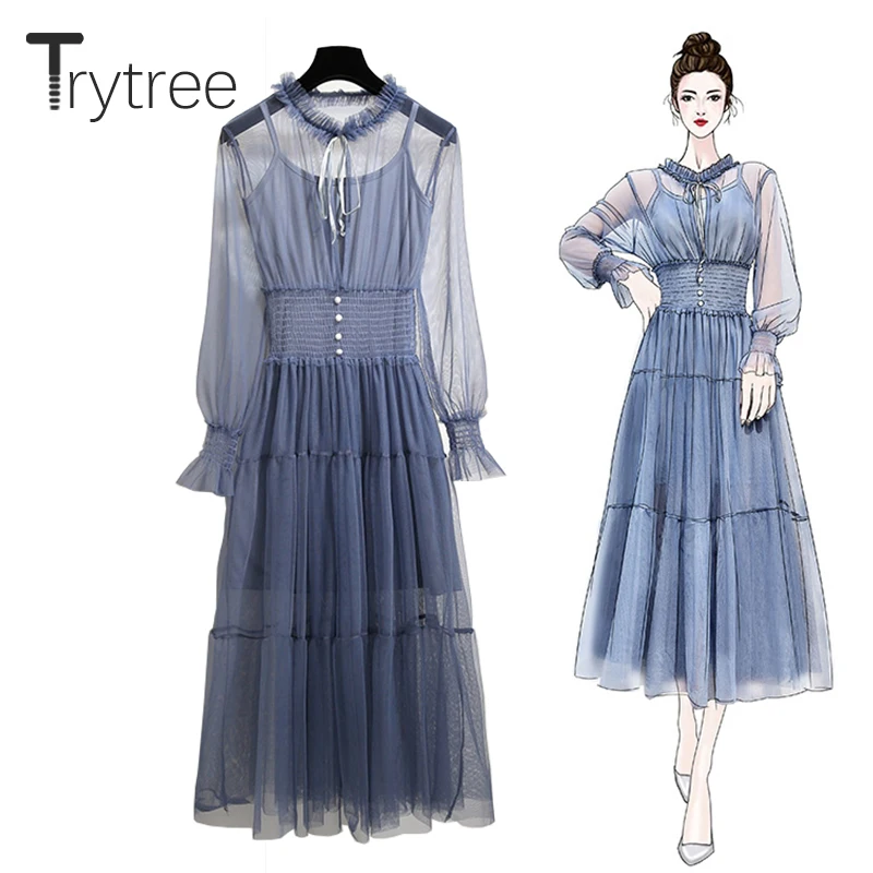 Trytree/летнее осеннее однотонное платье Сетчатое романтическое женское
