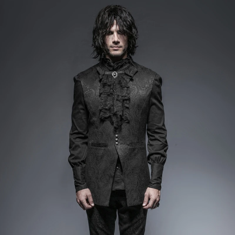 

Steampunk Gothic Stand-Up Collar Long Vest for Man Black Sleeveless Jacquard Jacket Waistcoats with Floral Pattern
