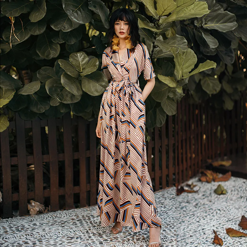Maxi Dress Vestidos Mujer французский женские лодочки в стиле ретро платье с высоким воротом, элегантный женский костюм с воротником, летнее, Пляжное, праздничное платье Макси - Цвет: Photo Color