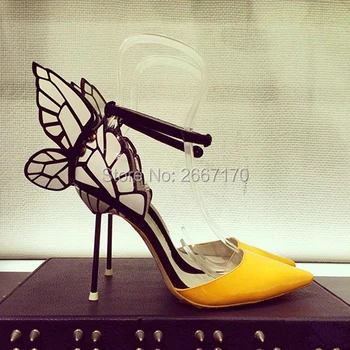 

Mixed Colors Yellow Leather Ladies Party Wedding Shoes Hollow Out Thin High Heels Butterfly Wings Ankle Strap Pointed Toe Pumps