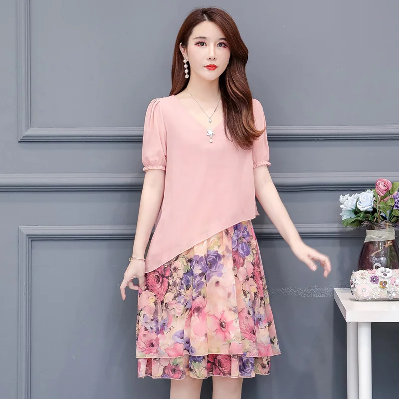 Casual Women's Clothing Dress Summer 2019 Korean Women Chiffon dress Pink L-5XL Plus size Short sleeve Dresses Fashion 120G3