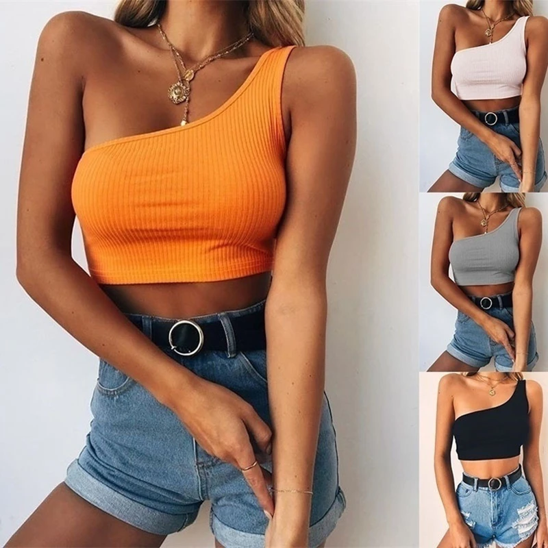 

Sexy women One-shoulder vest Summer hot sexy simple female vest Solid color sleeveless top t-shirt Fashion halter dew navel vest