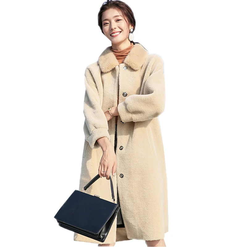 

Real Fur Coat Sheep Shearing Fur Winter Coat Women 2019 Wool Jacket Female Long Park With Natural Mink Fur Collar Tops LX2527