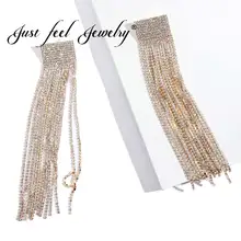JUST FEEL Crystal Chain Tassel Stud Earrings Gold Silver Colors Fashion Bride Long Earring Wedding Party Jewelry For Women