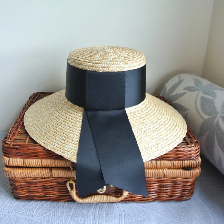 [La MaxPa] Соломенная шляпа ручной работы с широкими полями, натуральная соломенная шляпа от солнца с большой черной лентой, женские летние пляжные шляпы