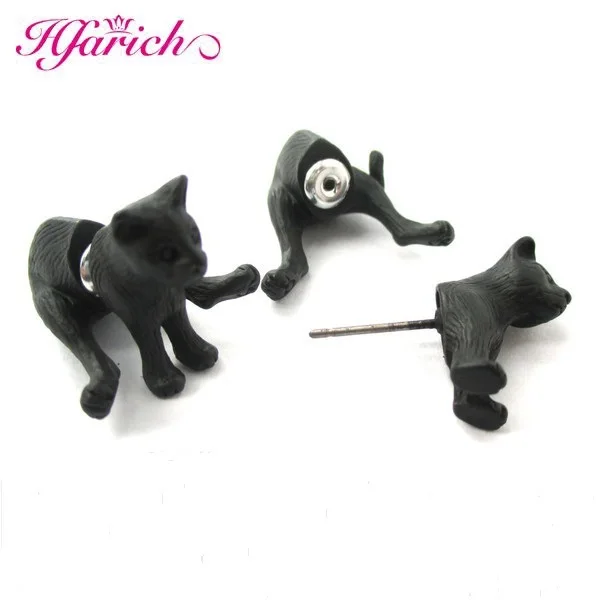 

2015 New Fashion Bronze Black Animal 3D Sitting Kitty Cat Two Part Front and Back Retro Stud Earrings Women EY-E084