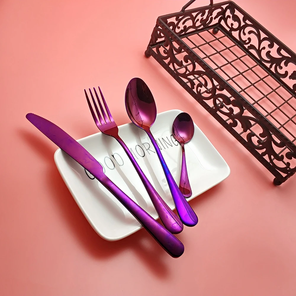 4 шт., радужная фиолетовая посуда, высокое качество, нержавеющая сталь, нож, вилка, ложка, столовые приборы, кухонная посуда, столовые приборы, набор столовых приборов