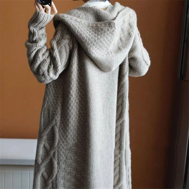 

Hooded Knitwear Sweater Coat Female Long Section Autumn Winter Casual Cardigan Loose New Thicken Jacket Twist Overcoat f1287
