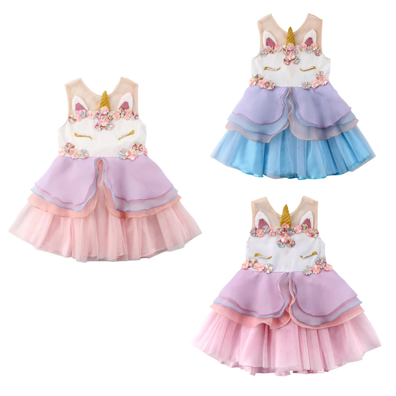 

2018 Newly Princess Lovely Toddler Baby Girls Dress Unicorn Print Sleeveless Ruffles Floral Lace Knee-Length Tutu Dress 0-6Y