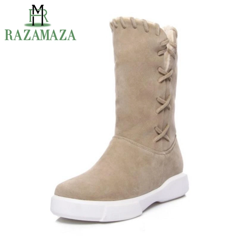

ZALAVOR New Women Flats Boots Thick Fur Winter Warm Shoes Woman Round Toe Mid Calf Boots Fashion Ladies Shoes Size 34-43