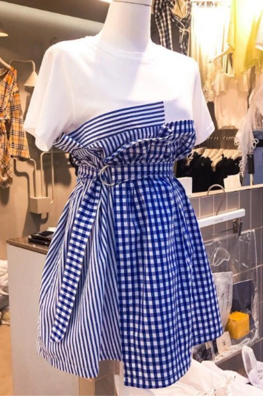 2019 Summer Casual Dress Short Sleeve Splice Plaid Dress Fake Two New Women s Dress A-Line Patchwork Short Sashes Knee-Length 2019 Summer Casual Dress Short Sleeve Splice Plaid Dress Fake Two New Women s Dress A-Line Patchwork Short Sashes Knee-Length