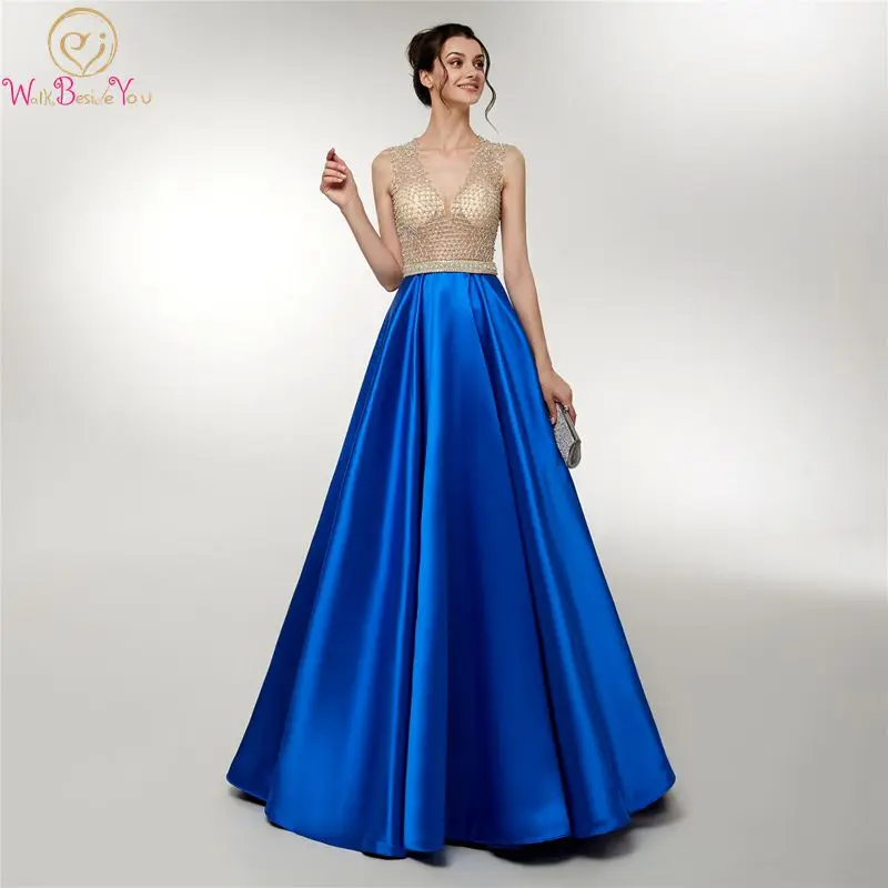 

Blue A Line Long Evening Dresses Elegant Handmade Bling Beaded Elegant V Neck Sweep Train Vintage Tank Formal Party Gown 2019