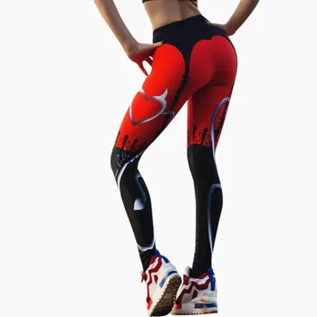 New Sexy Heart Print Leggings Women Red Black Patchwork Sporting Pants Fashion Printed Women's Fitness Leggings 1