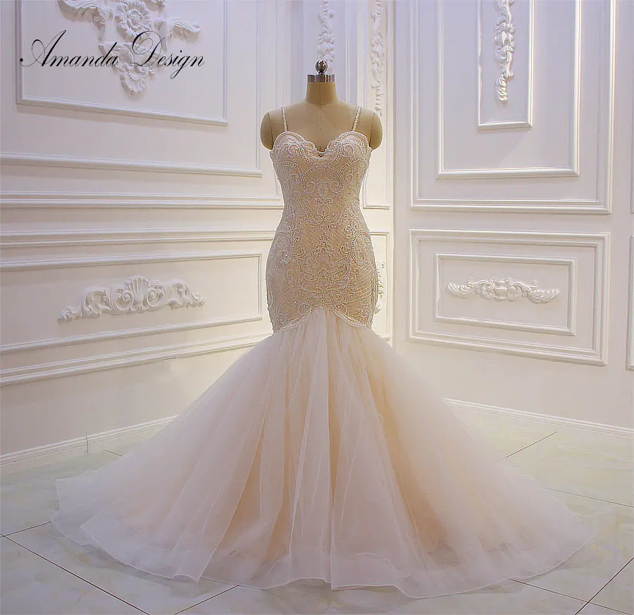 

Amanda Design bride dress Spaghetti Straps Lace Appliques Pearls Mermaid Champagne 2019 Wedding Dress